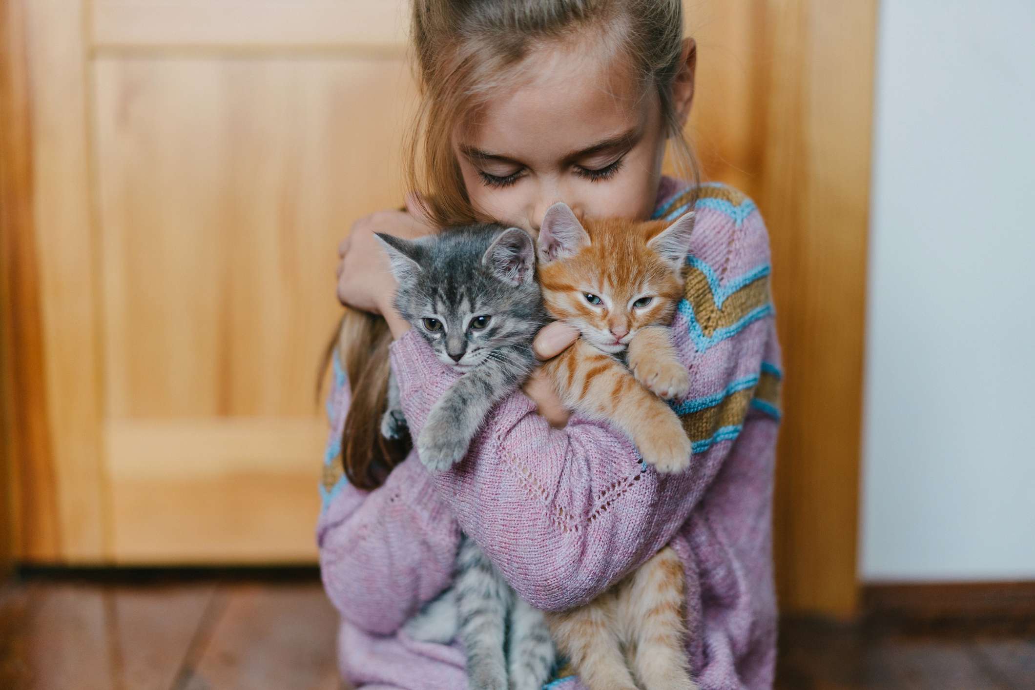 Little girl bonding with kitten